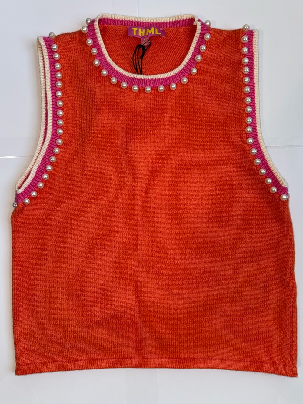 THML Bright Orange Knit Vest with Pink & Cream Trim and Pearl Accents